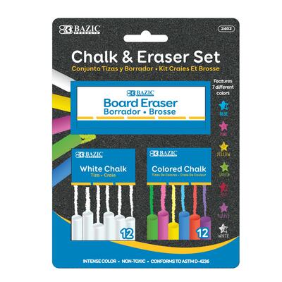 Bazic 12 Color & 12 White Chalk w/ Eraser Set