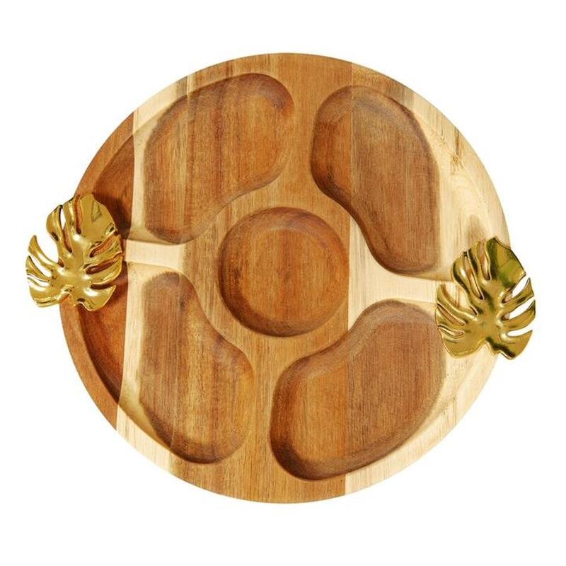 Round Acacia Nibbles Tray Gold Leaf Design