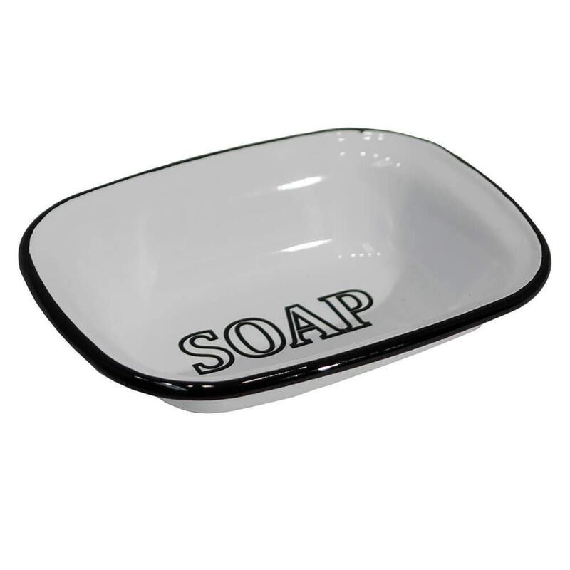 White Enamel Soap Dish With Black Lettering