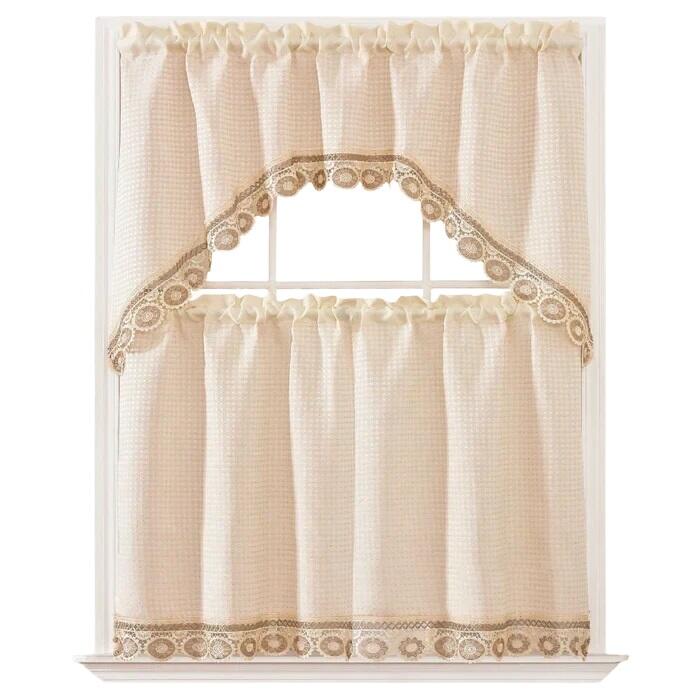 Beige Kitchen Curtain Set With Swag Valance