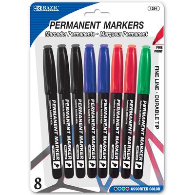 Bazic Asst Colors Fine Tip Permanent Markers 8pk