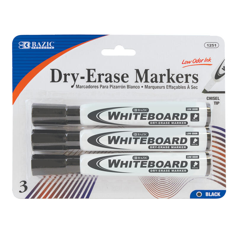 Bazic Black Chisel Tip Dry-Erase Marker 3pk