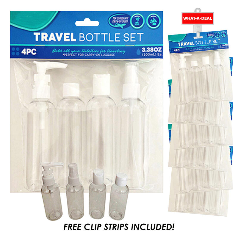 4pc Travel Bottle Set With 3 Clip Strips: $12.00
