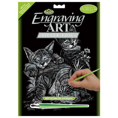 Silver Foil Tabby Cat & Kittens Silver Engraving: $15.00
