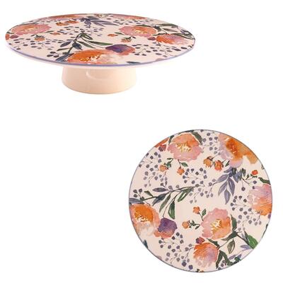 Home Essentials Floral Blue Trim Ceramic Cake Stand 10