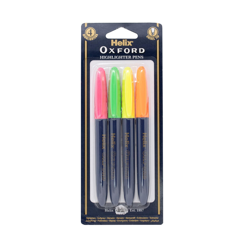 Helix Oxford Chisel Tip Highlighter Pens Fluorescent Neon Colours 4ct