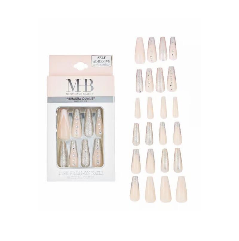 Coffin Shape Silver Fauxnail With Stone 24pc