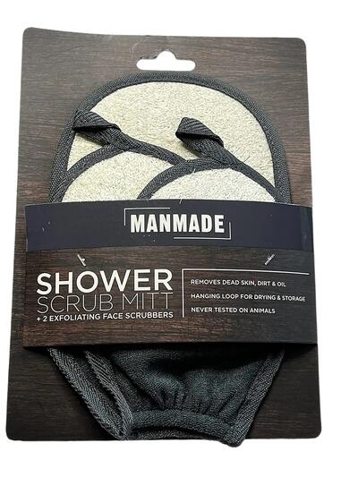 ManMade Shower Scrub Mitt + 2 Exfoliating Face Scrubbers 3 count