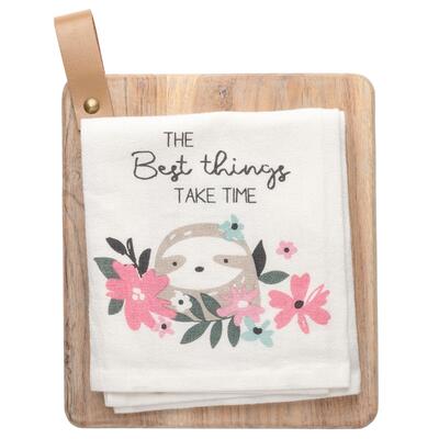 Karma Wood Cutting Board & Tea Towel Sloth Cotton