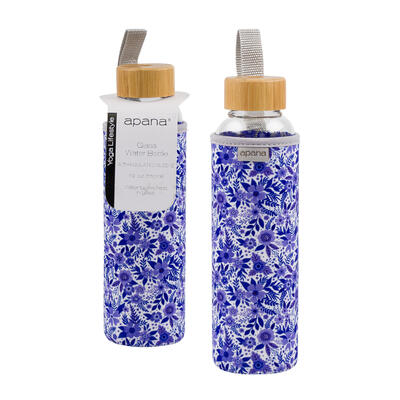 Apana Glass Water Bottle Purple Flowers 19oz