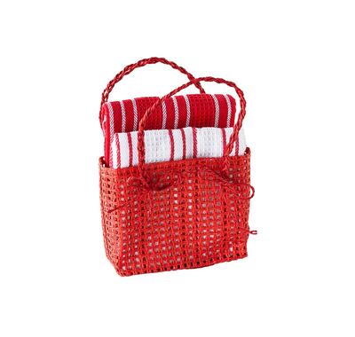 180 Degrees Red Basket With 2 Red And  White Striprd Cotton Towels