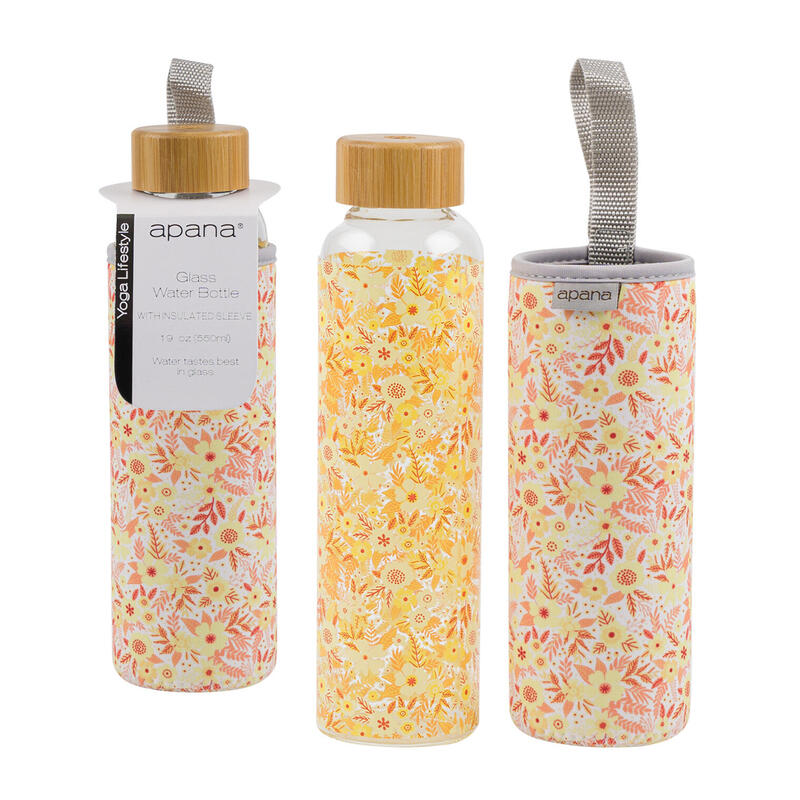 Apana Glass Water Bottle Yellow Floral 19oz