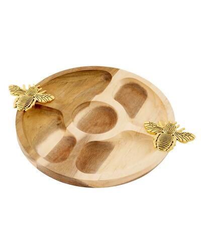 Round Acacia Nibbles Tray Gold Bee Design: $75.00
