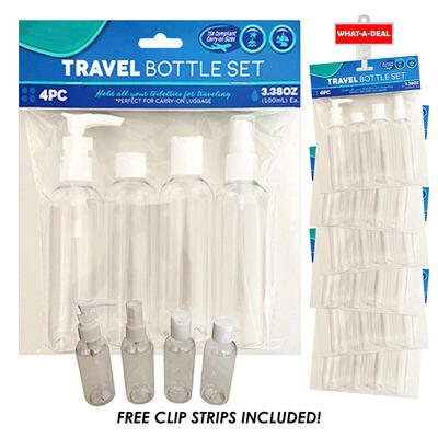 4pc Travel Bottle Set With 3 Clip Strips