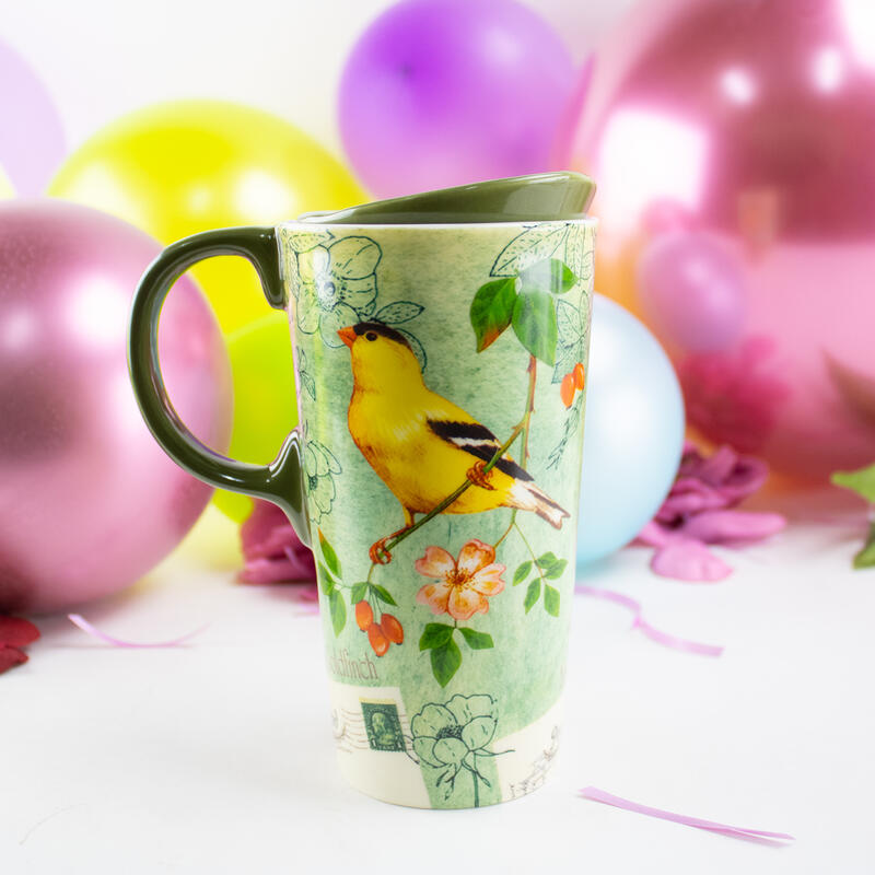 Evergreen American Goldfinch Cermaic Travel Latte Cup 17oz: $25.00
