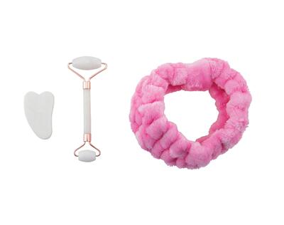 Candle Couture Spa Facial Set Gua Sha Jade Roller & Pink Plush Headband 3 pieces