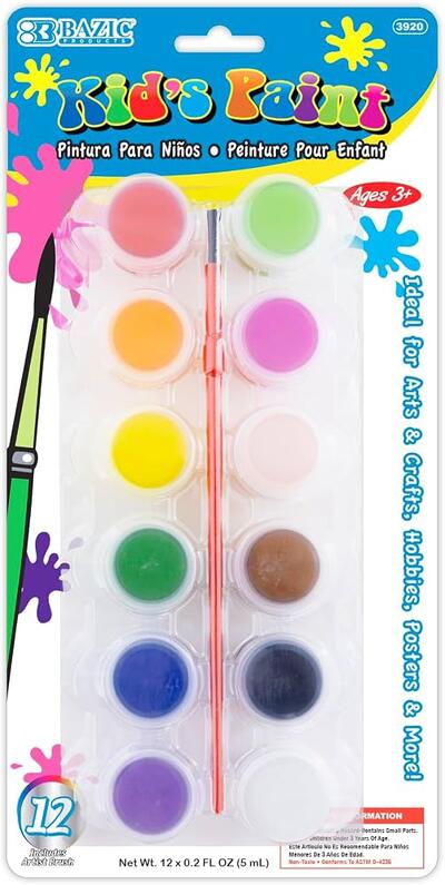 Bazic 12 Color Kids Paint w/Brush 0.17oz