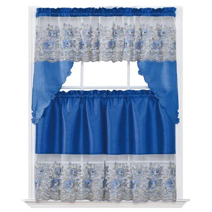 Navy Blue Kitchen Curtain Set With Swag Valance